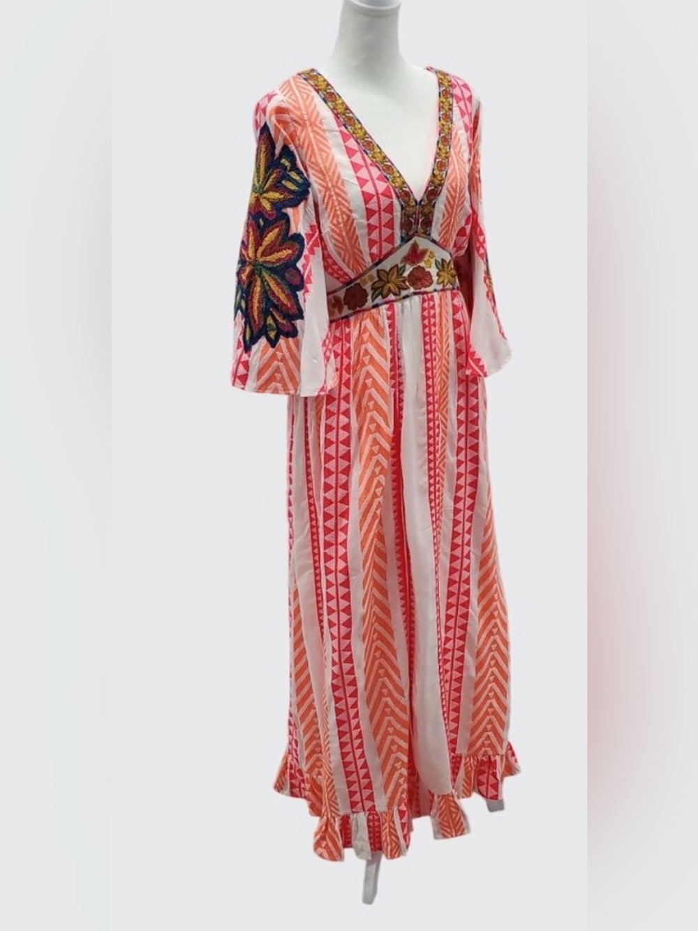 Farm Rio Anthropologie Coral & White Maxi Dress with Embroidered Waist